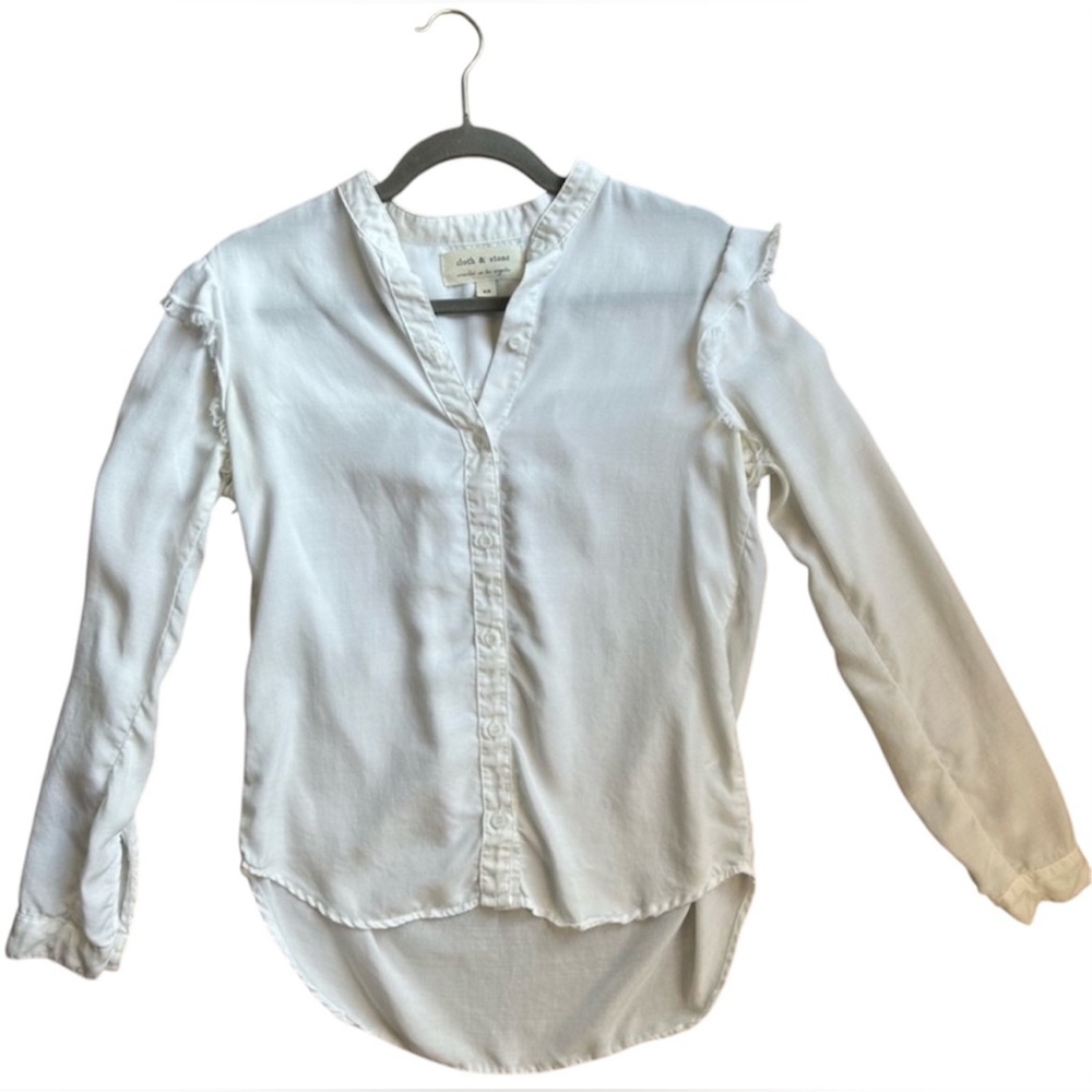 Anthropologie Cloth & Stone White Button Long Sleeve High Low Ruffle‎ Blouse XS